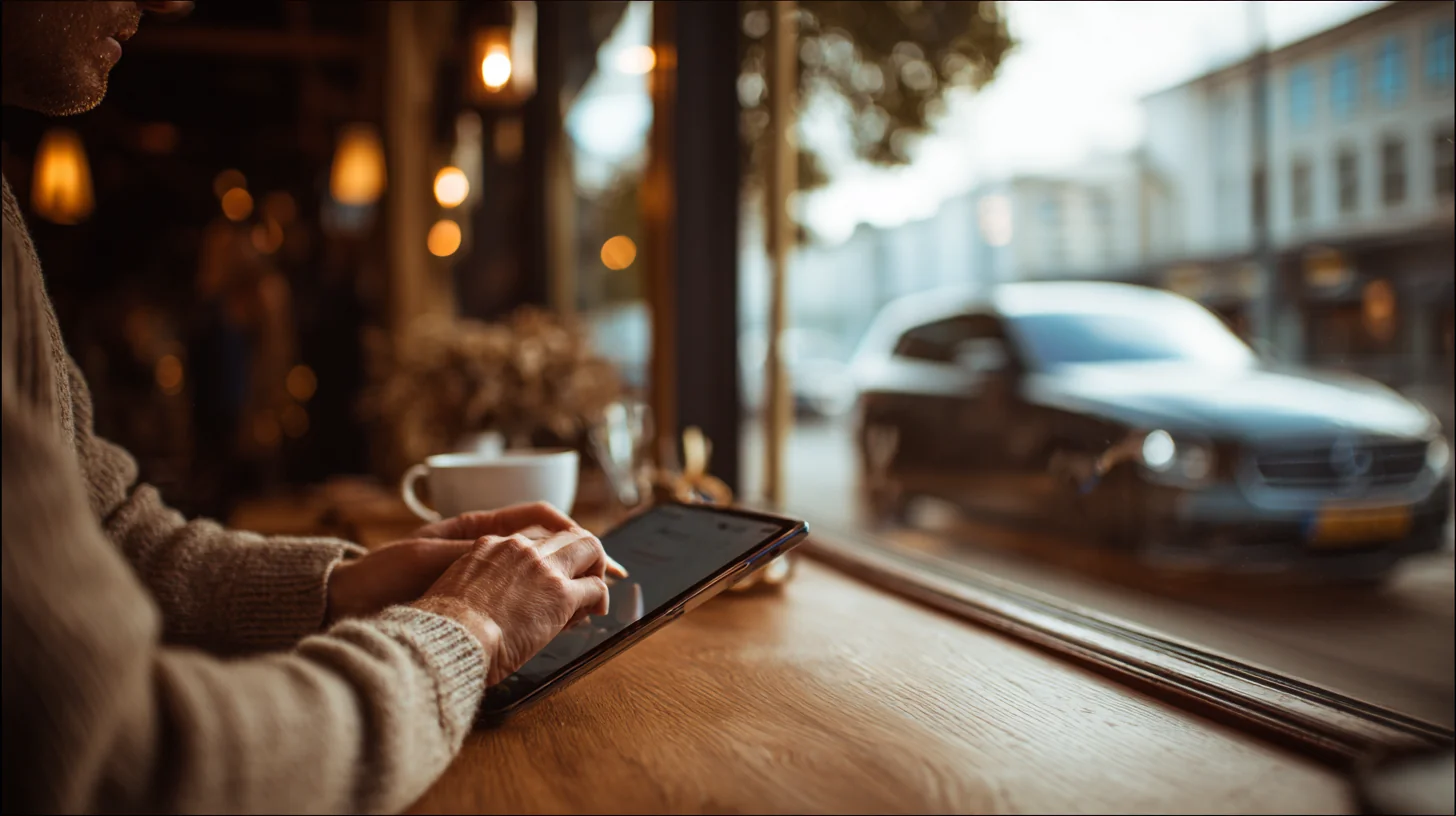 Русский водитель читает правила страхования в США на телефоне